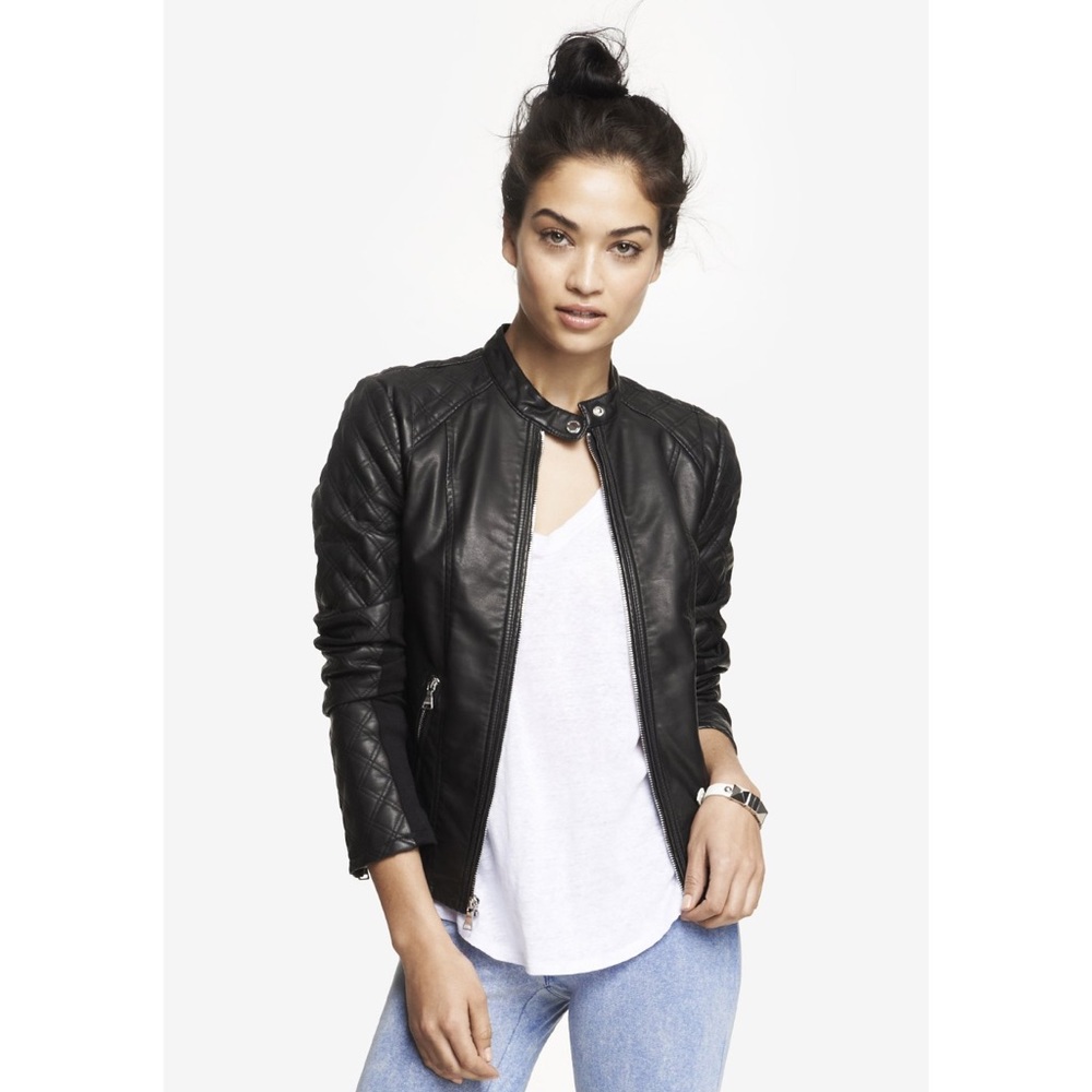 Express black leather quilted sleeve jacket